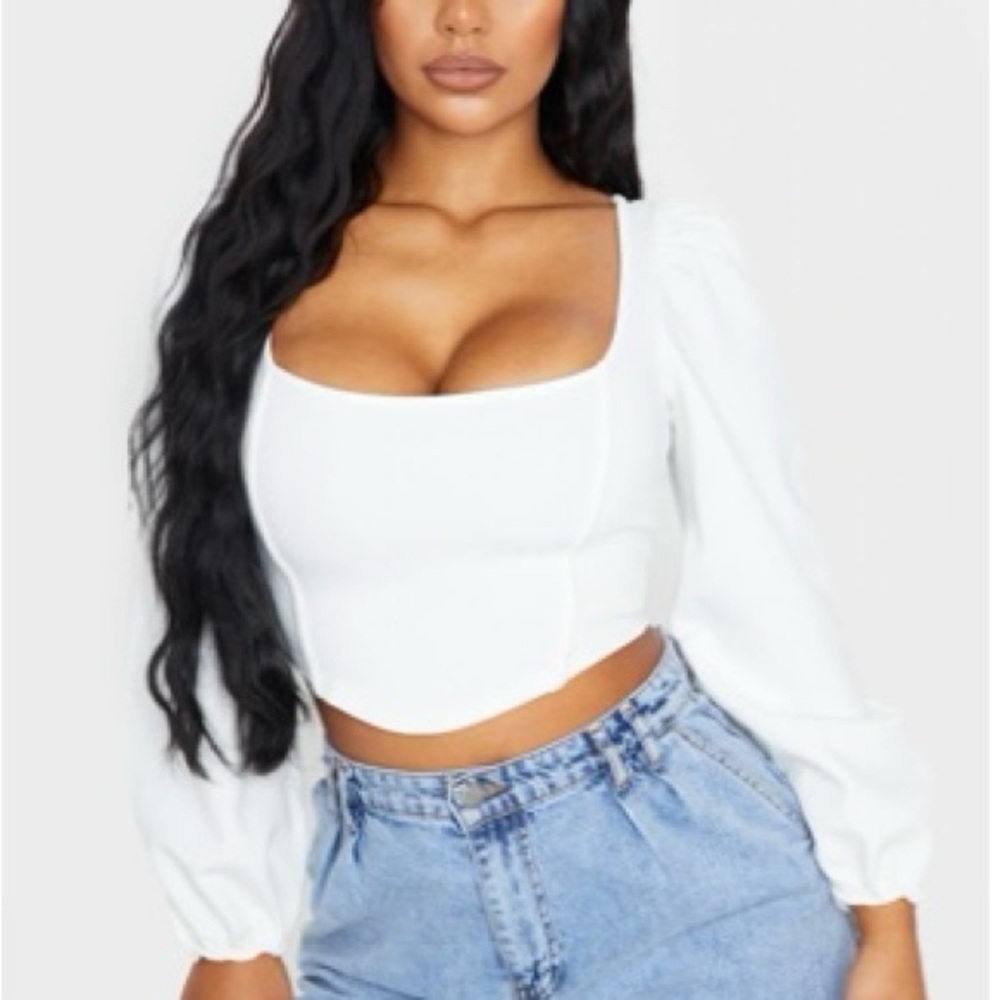 White Binding Balloon Sleeve Crop Top